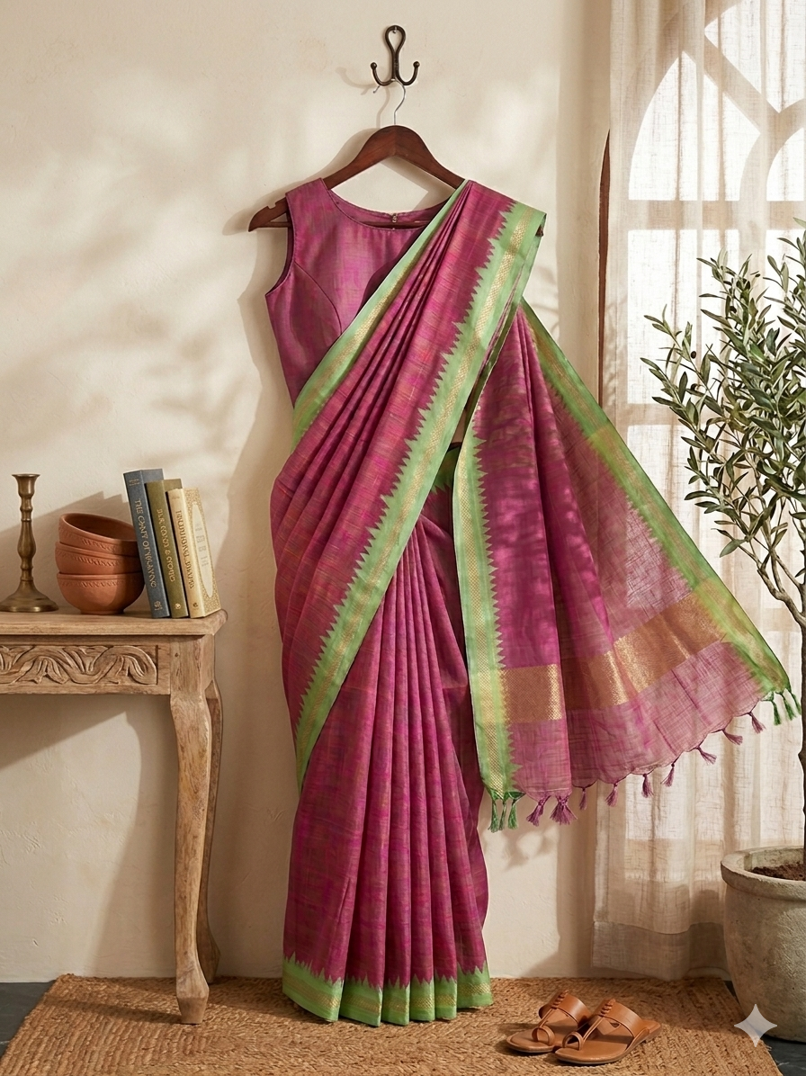 Ponduru Khadi Saree - pink & green