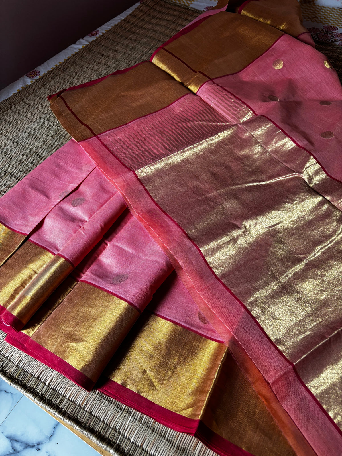Handloom Khadi with buttas - peach ( national award winner )