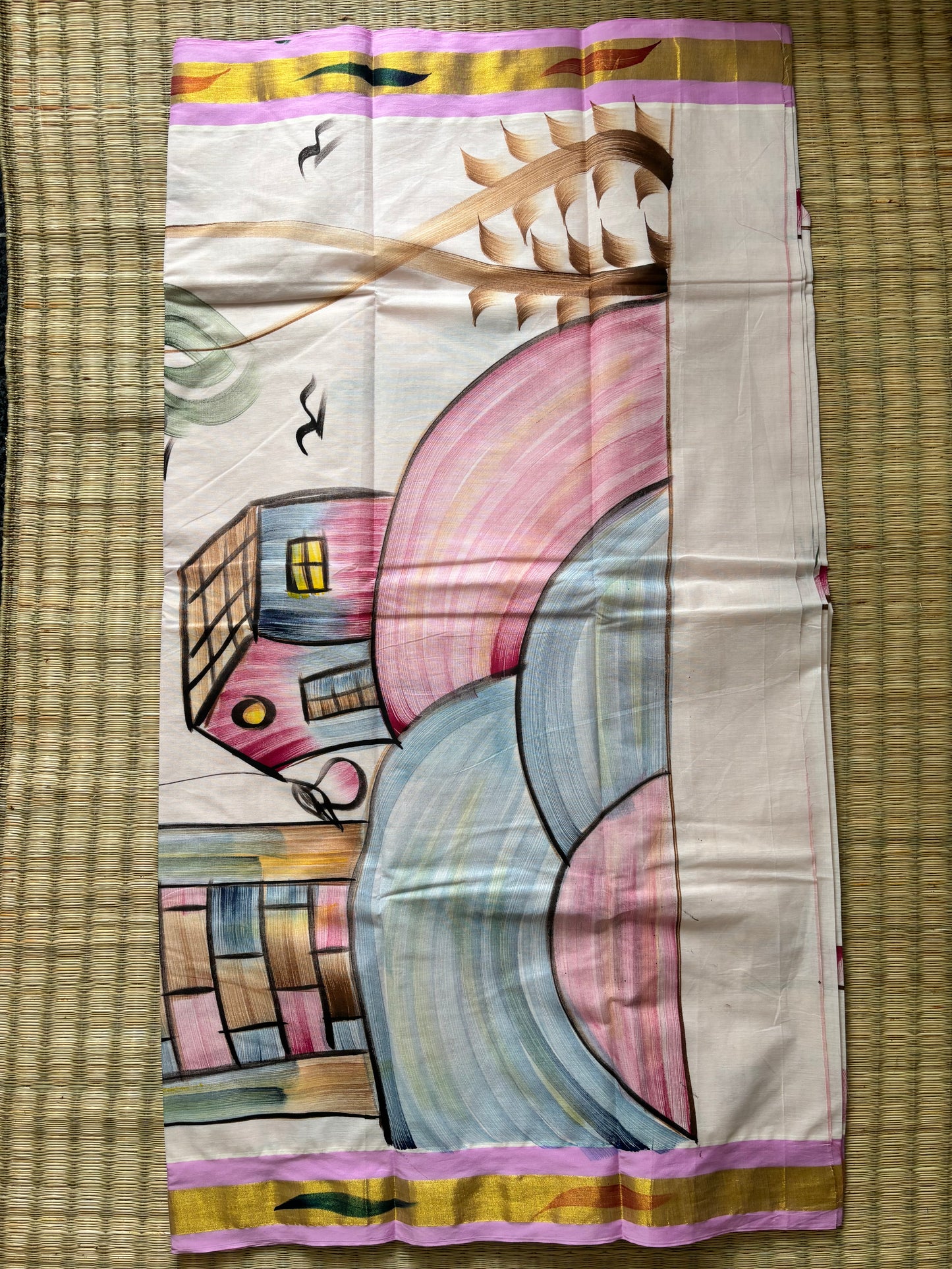 Pure cotton saree with Hand painted designs - pastel pink