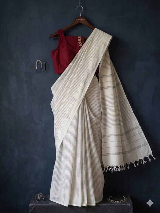 Handloom pure cotton - pearl white with black strips