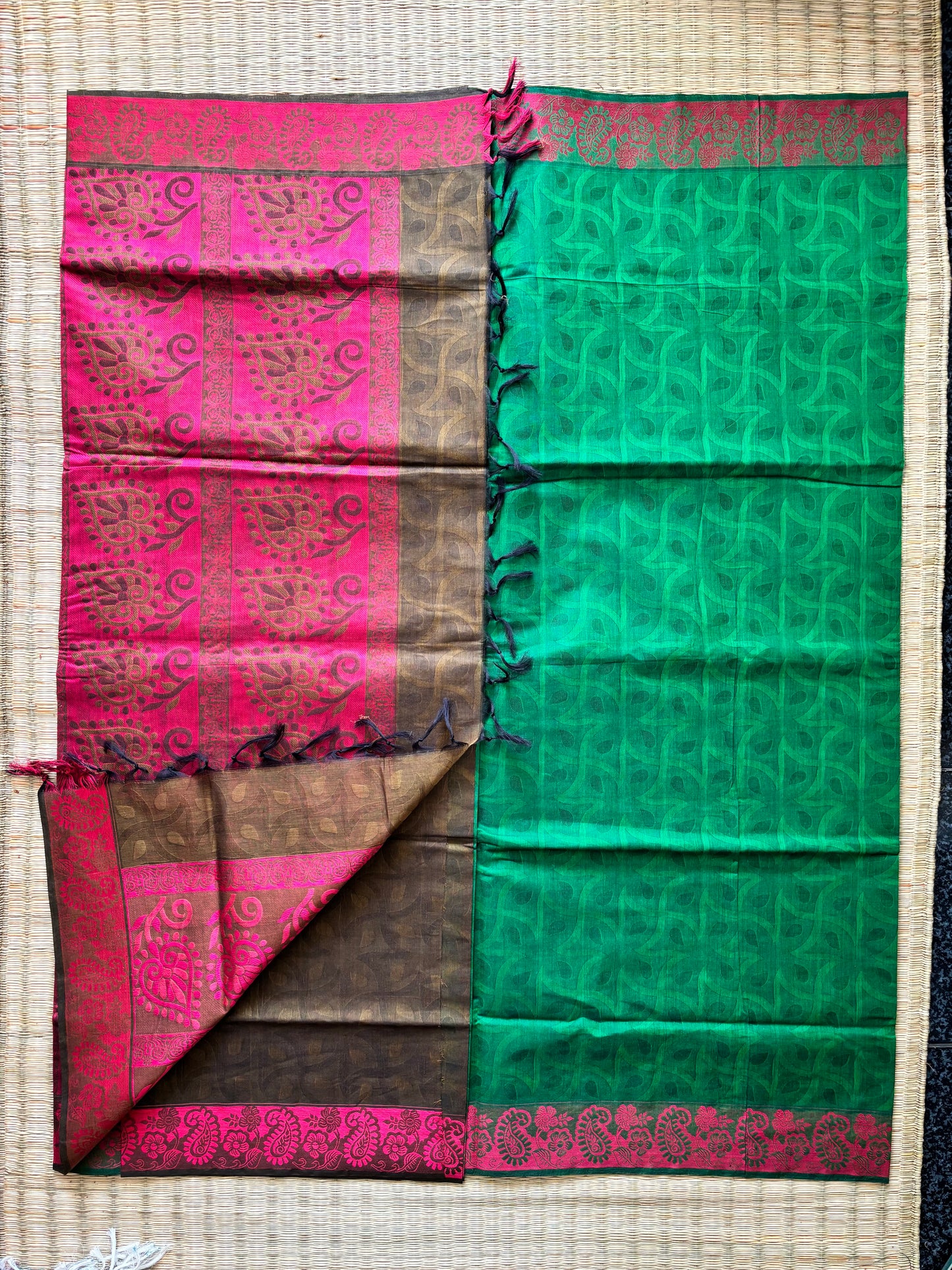 Self designed cotton - bottle green and dark pink