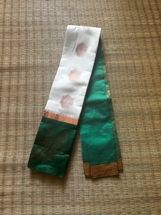 White cotton saree with green border and antique gold motifs
