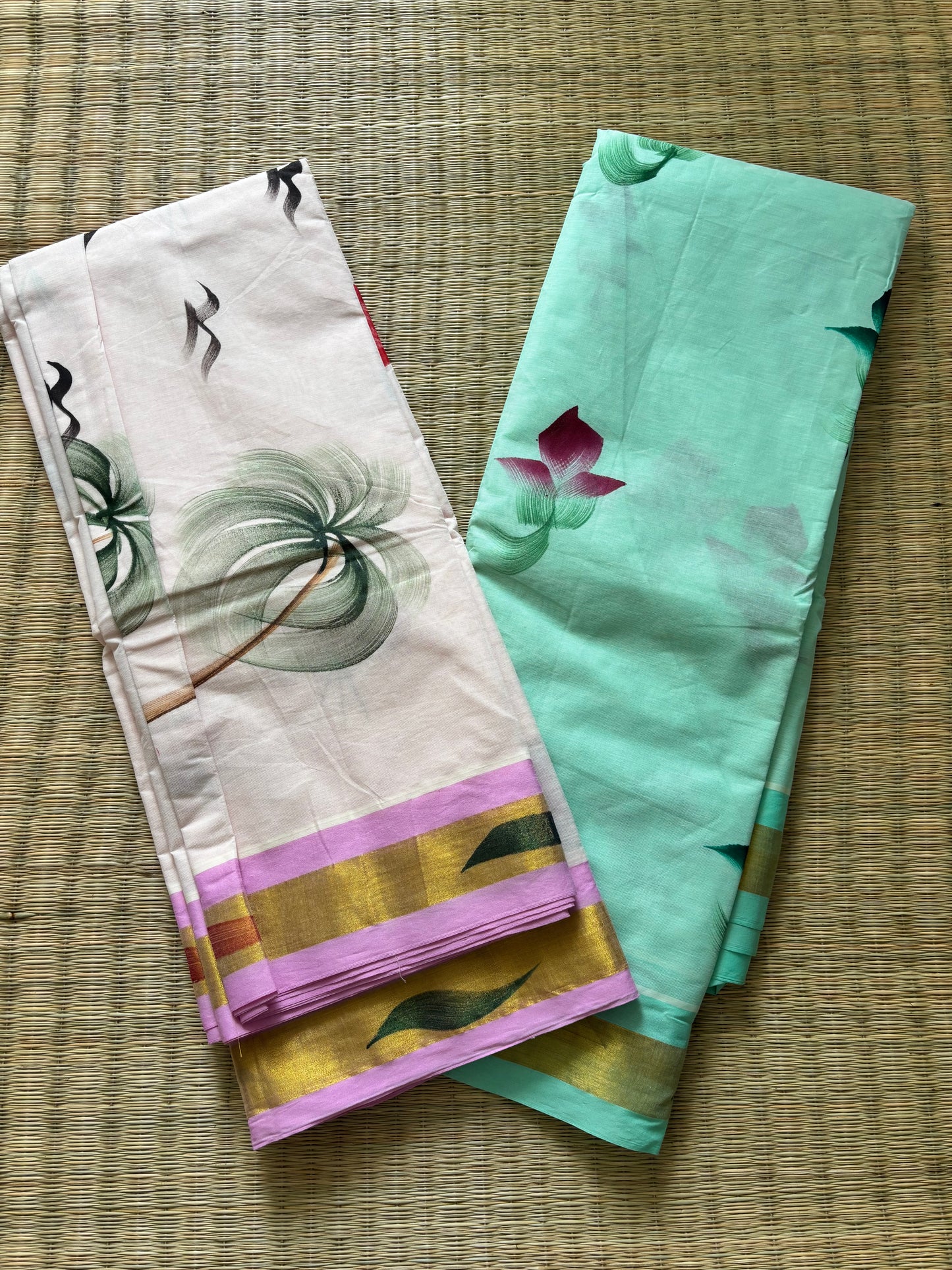 Pure cotton saree with Hand painted designs - pastel pink