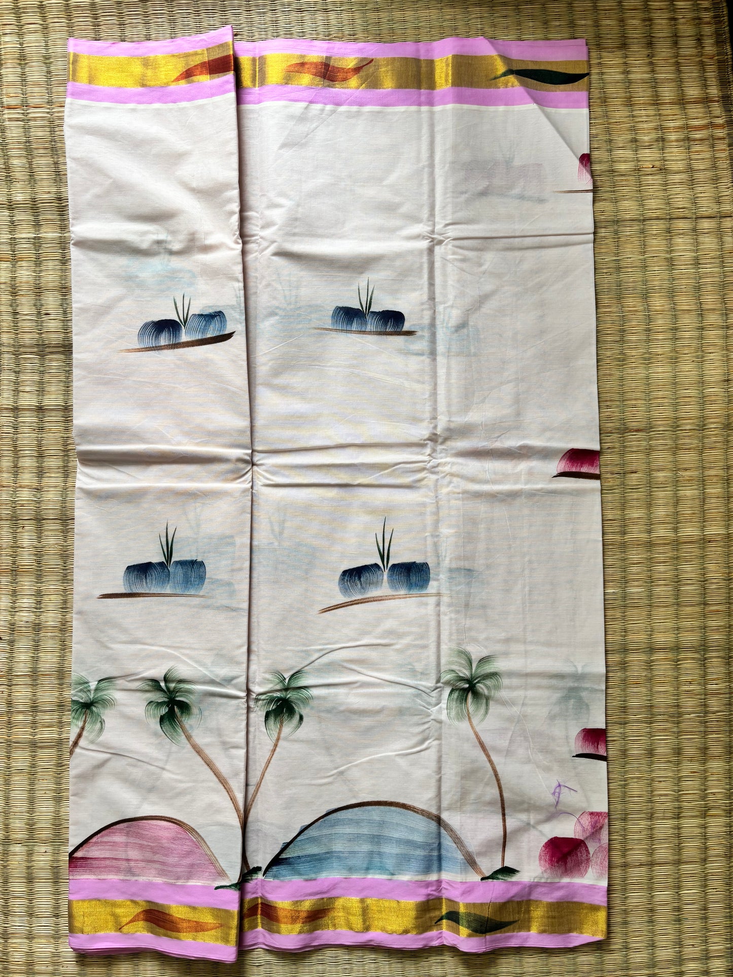 Pure cotton saree with Hand painted designs - pastel pink