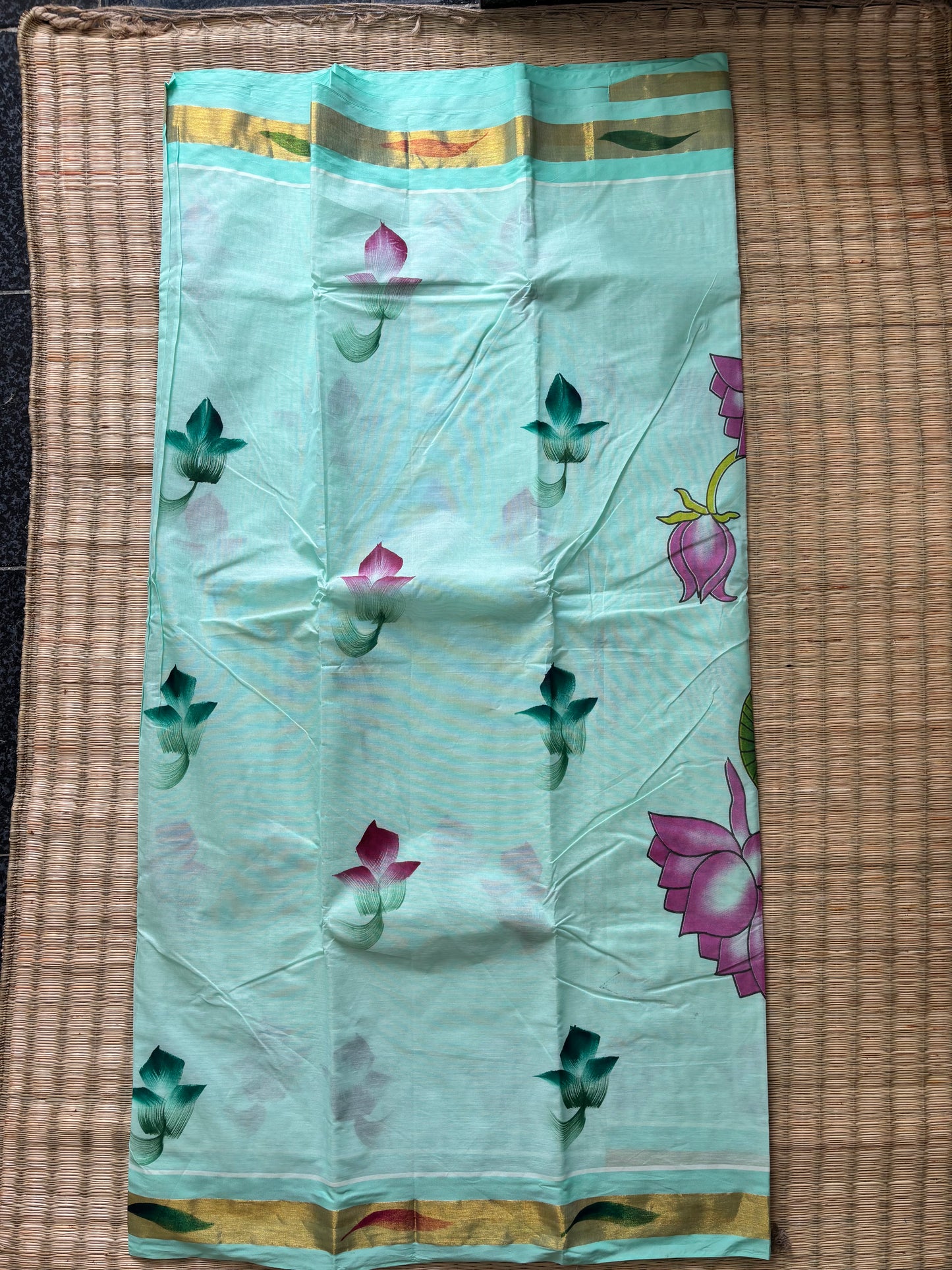Pure cotton saree with Hand painted designs - mint green