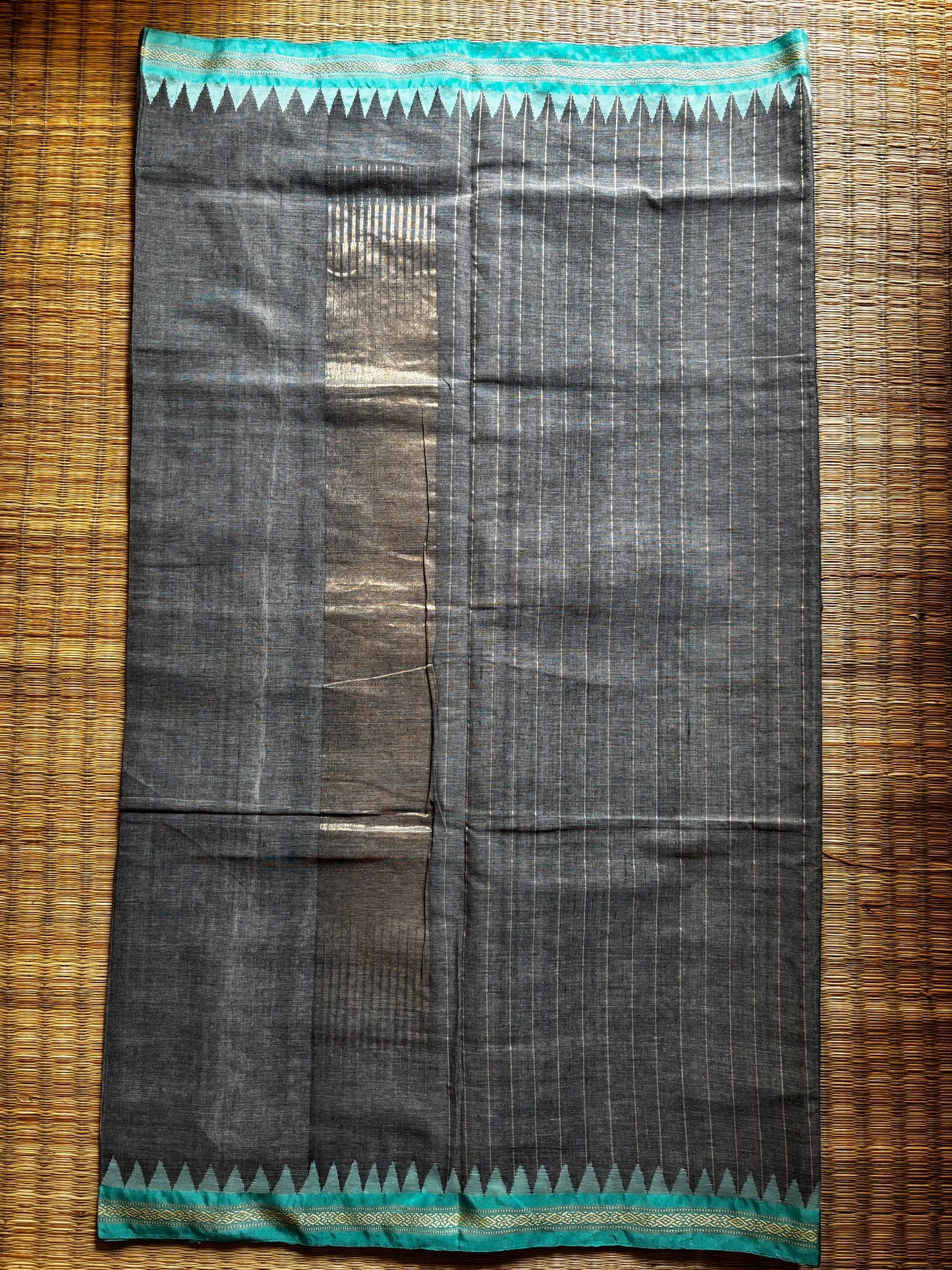 Handloom Cotton : Ponduru Khadi Saree - Gold & Grey with cyan border
