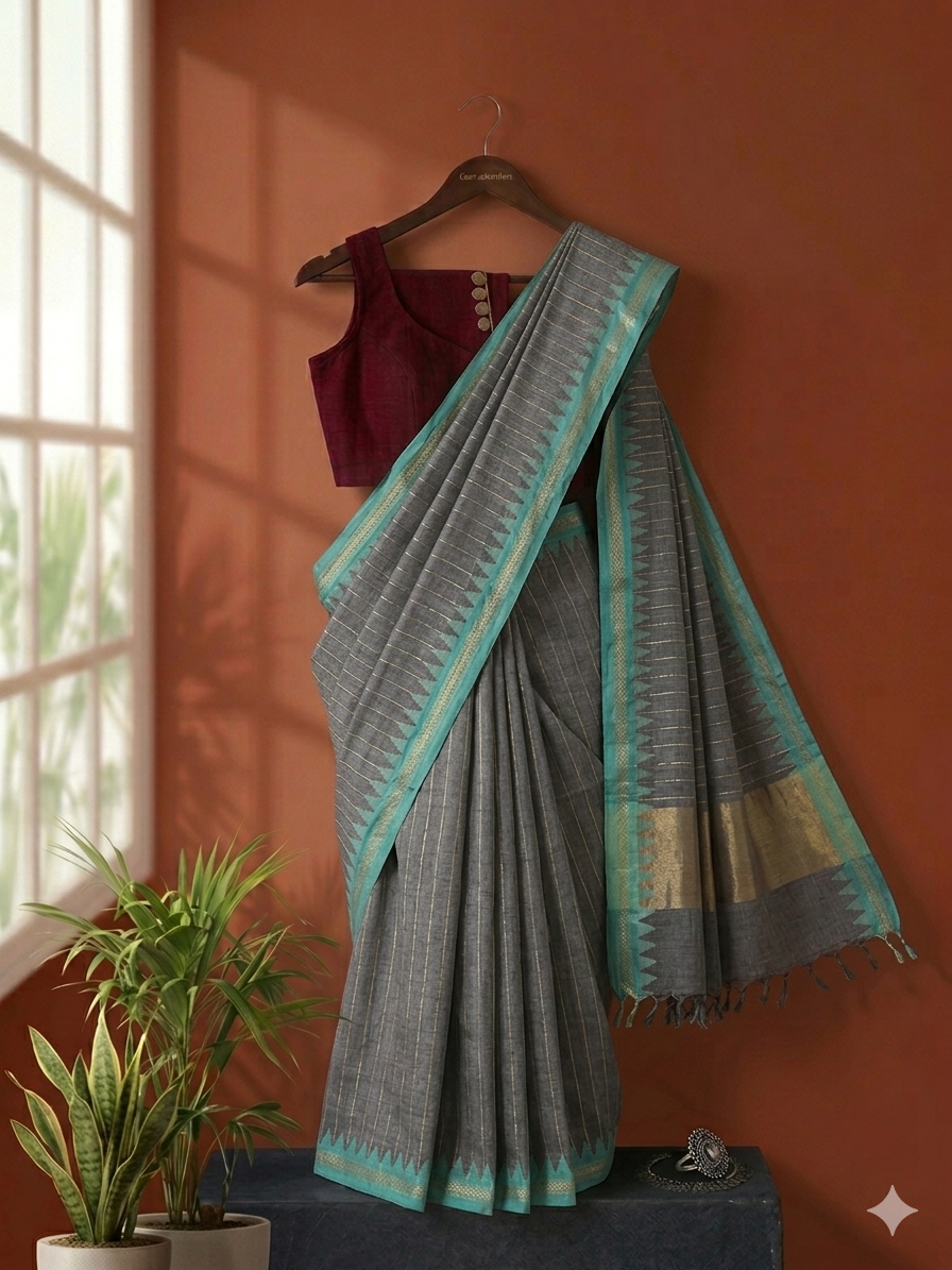 Handloom Cotton : Ponduru Khadi Saree - Gold & Grey with cyan border
