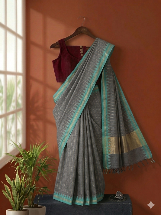 Handloom Cotton : Ponduru Khadi Saree - Gold & Grey with cyan border
