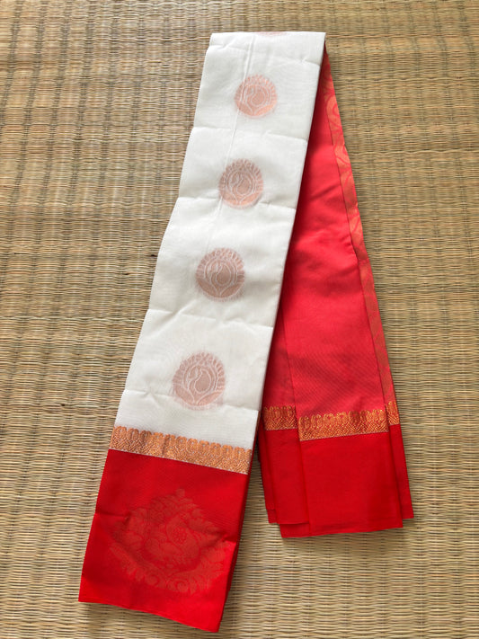 White cotton saree with red border and antique gold motifs