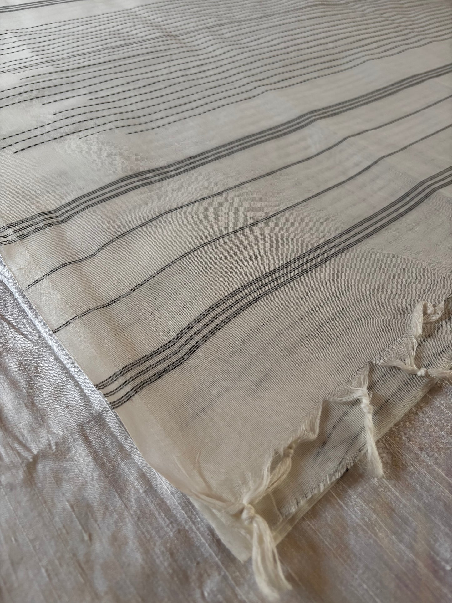Handloom pure cotton - pearl white with black strips