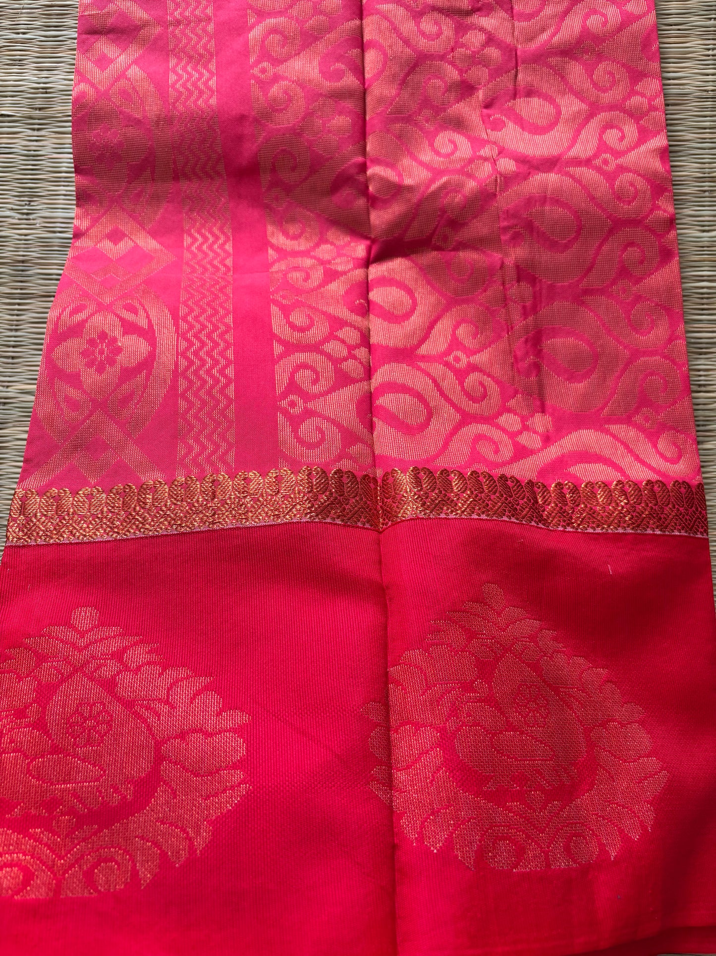White cotton saree with red border and antique gold motifs