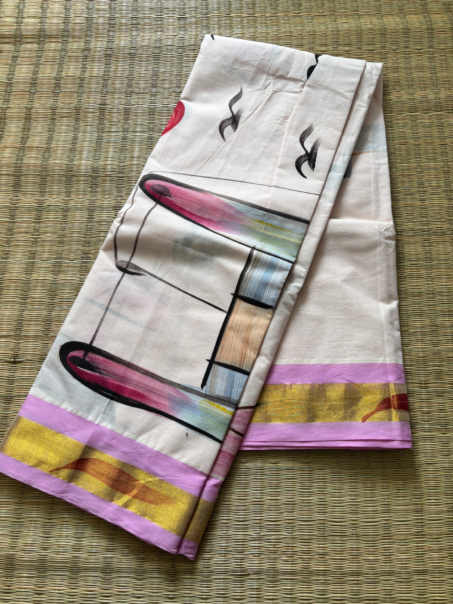 Pure cotton saree with Hand painted designs - pastel pink