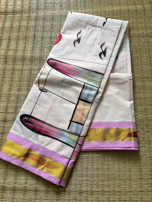Pure cotton saree with Hand painted designs - pastel pink