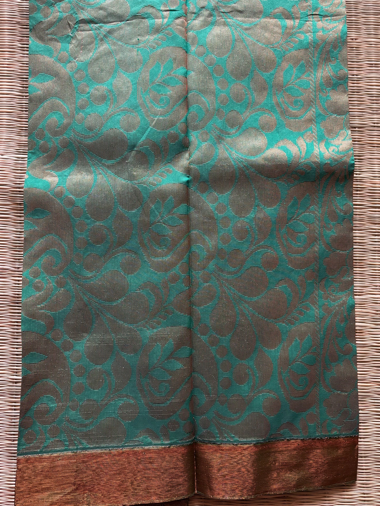 White cotton saree with green border and antique gold motifs