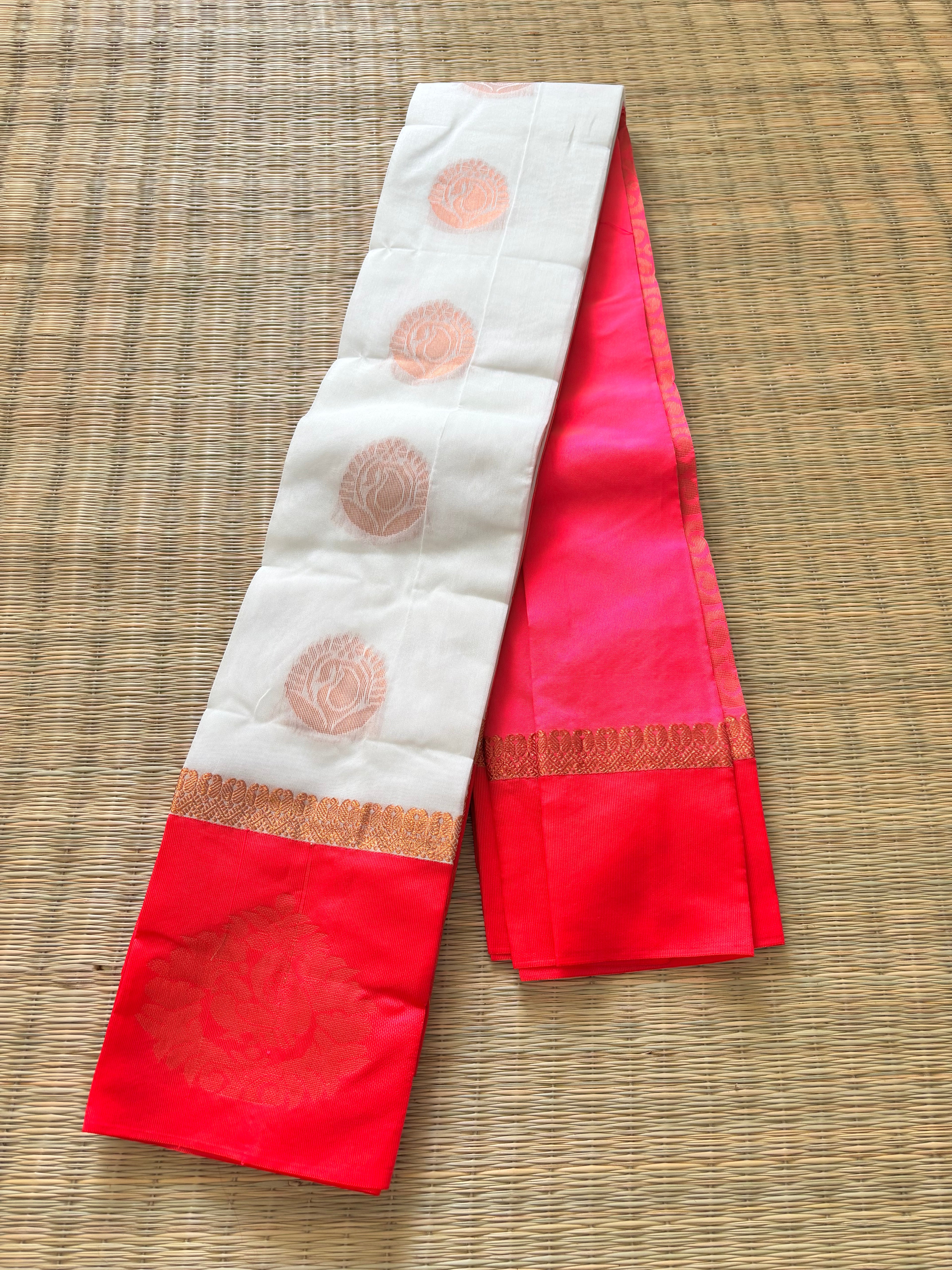White cotton saree with pink border and antique gold motifs