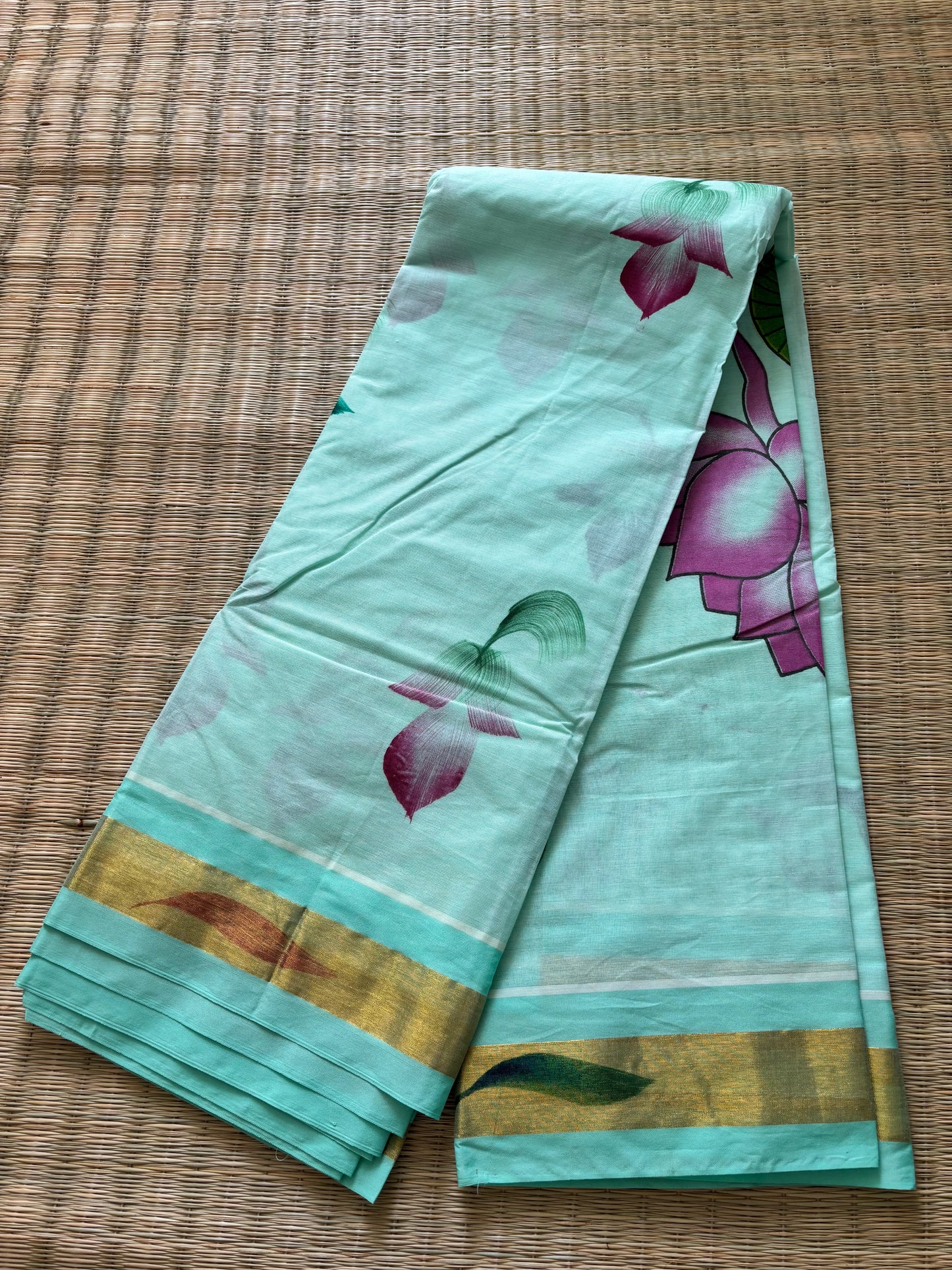 Pure cotton saree with Hand painted designs - mint green
