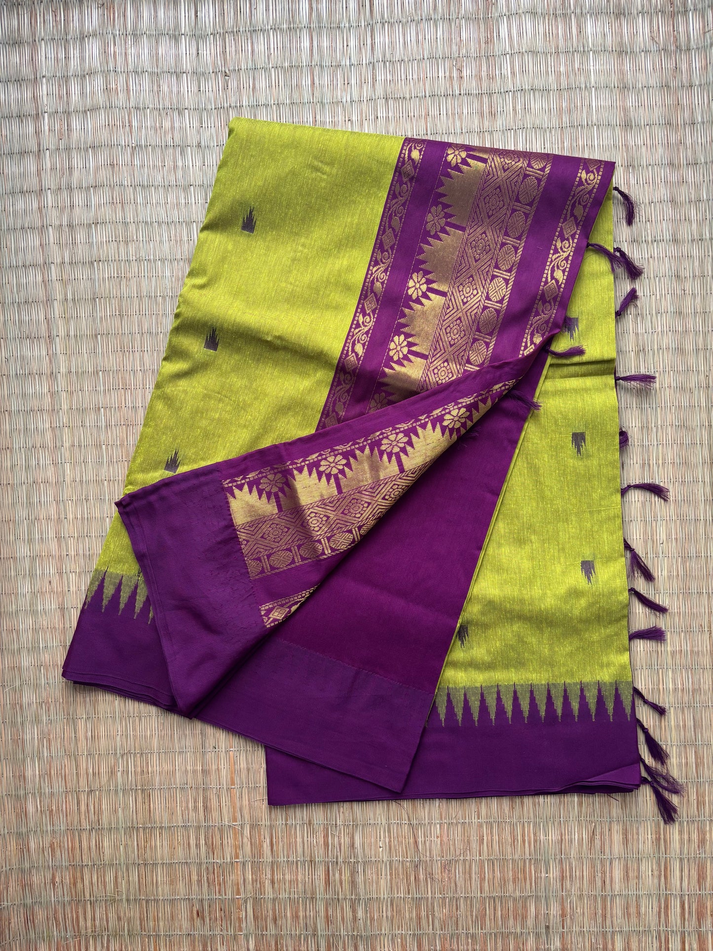 Kalyani cotton saree -parrot green and purple