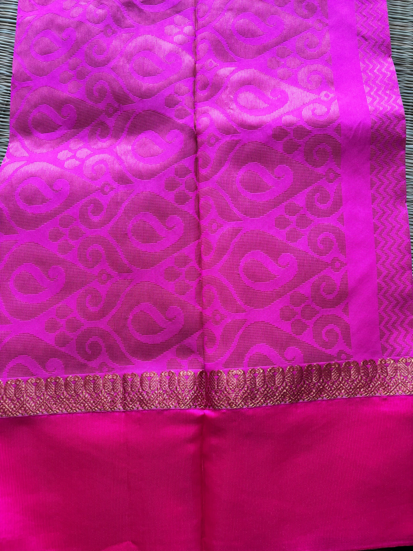 White cotton saree with pink border and antique gold motifs
