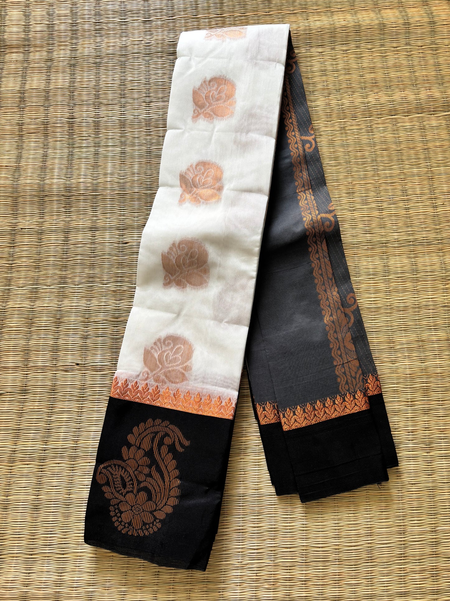 White cotton saree with black border and antique gold motifs