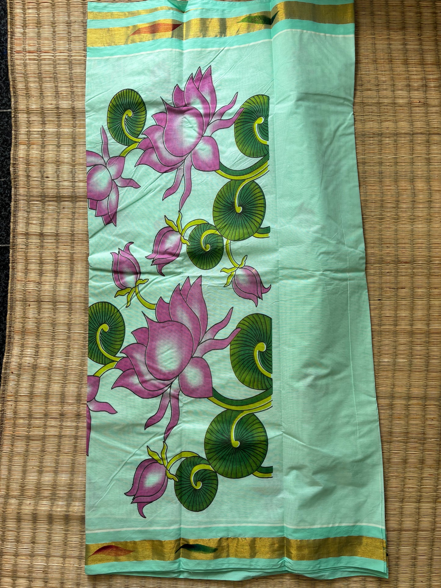 Pure cotton saree with Hand painted designs - mint green