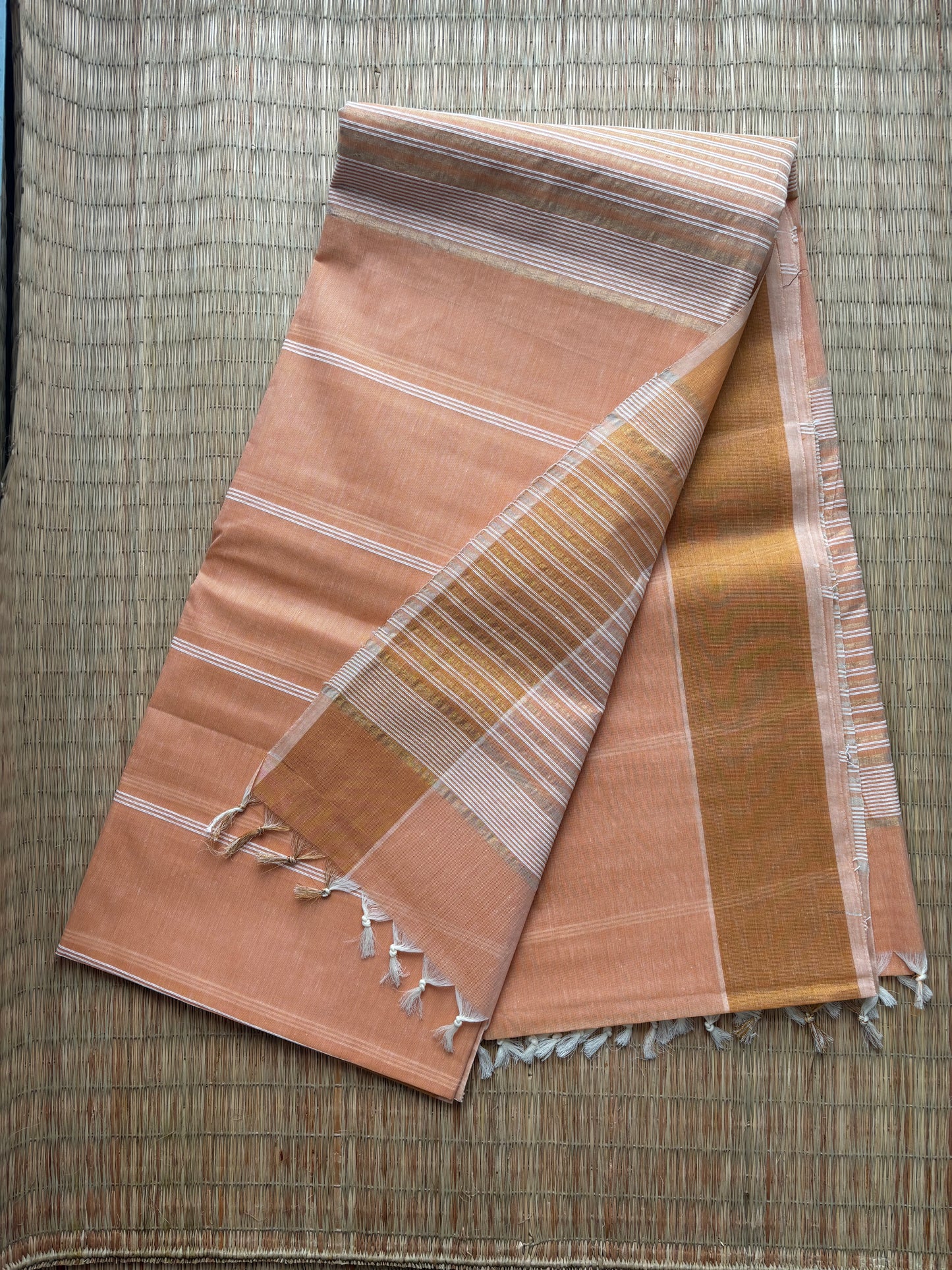 Jute cotton sarees - peach and gold
