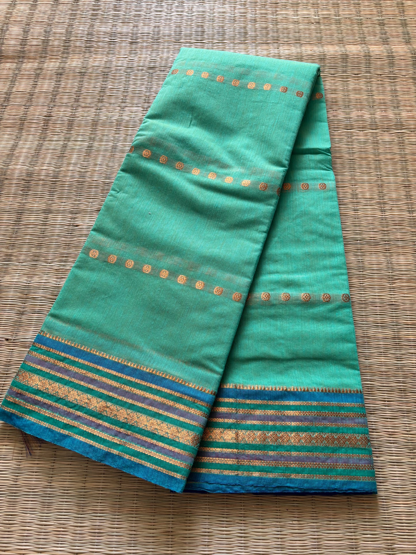 Vibrant cotton with straight buttas and ethnic border - cyan green