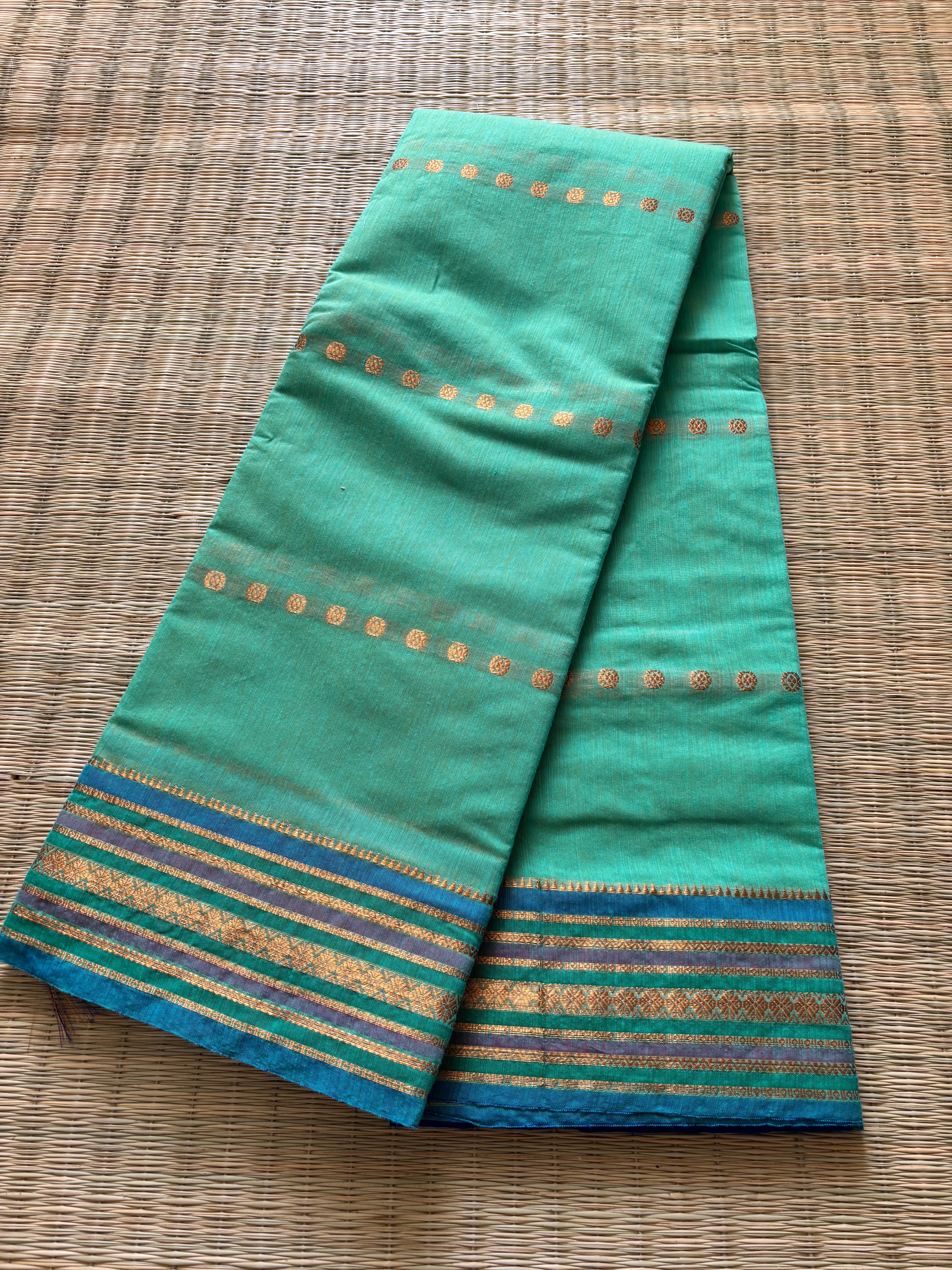 Vibrant cotton with straight buttas and ethnic border - cyan green
