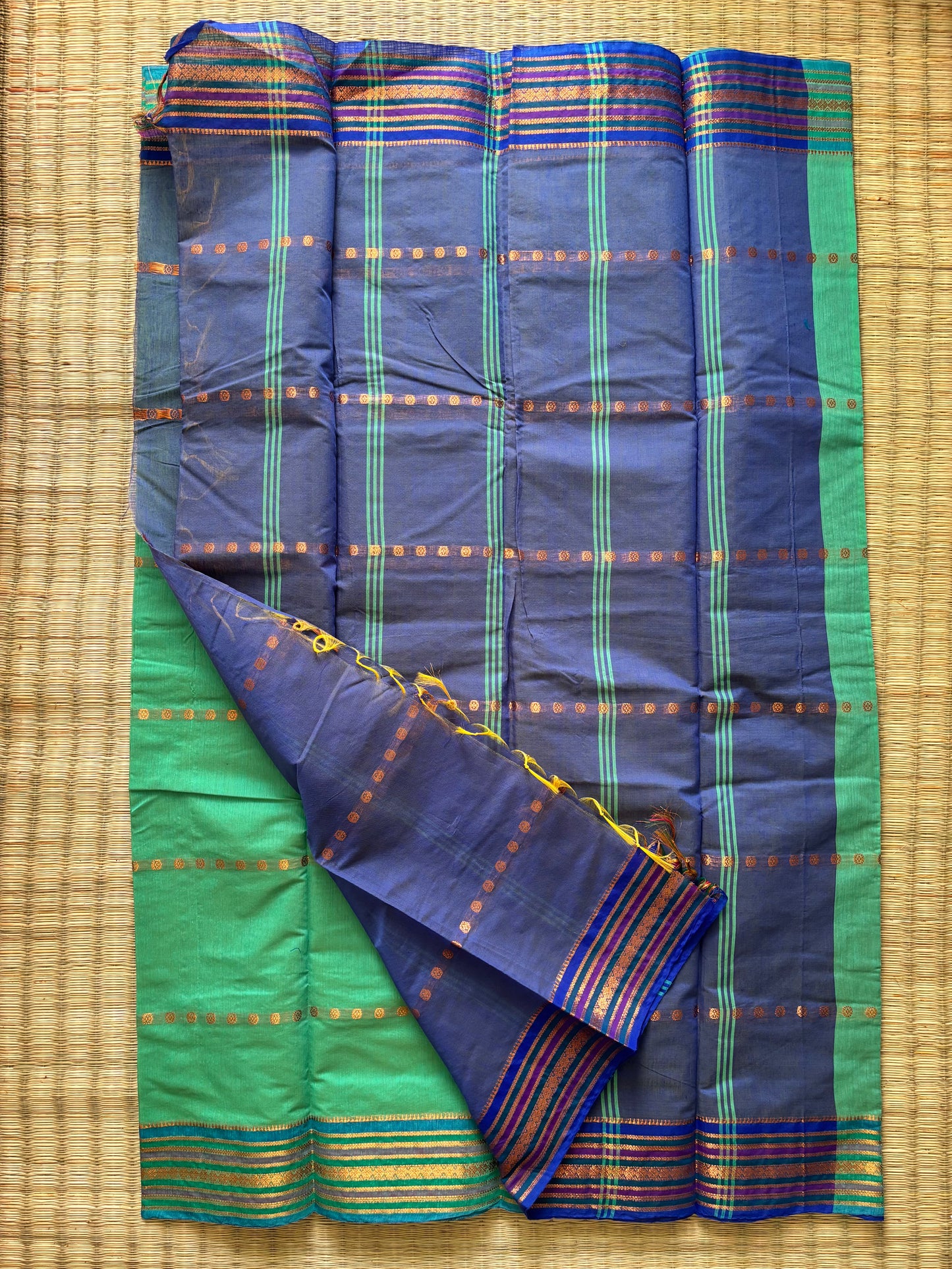 Vibrant cotton with straight buttas and ethnic border - cyan green