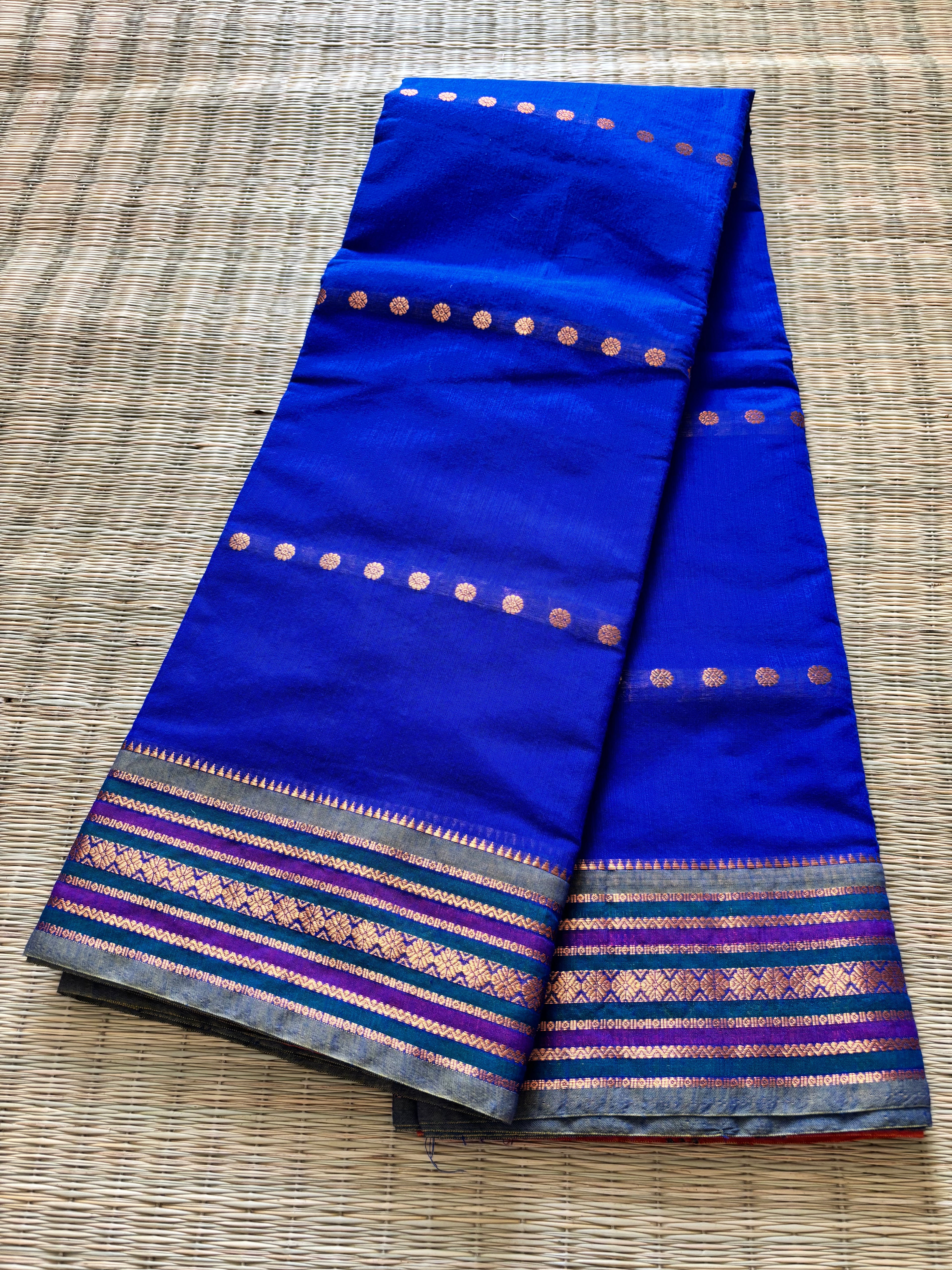 Vibrant cotton with straight buttas and ethnic border -blue