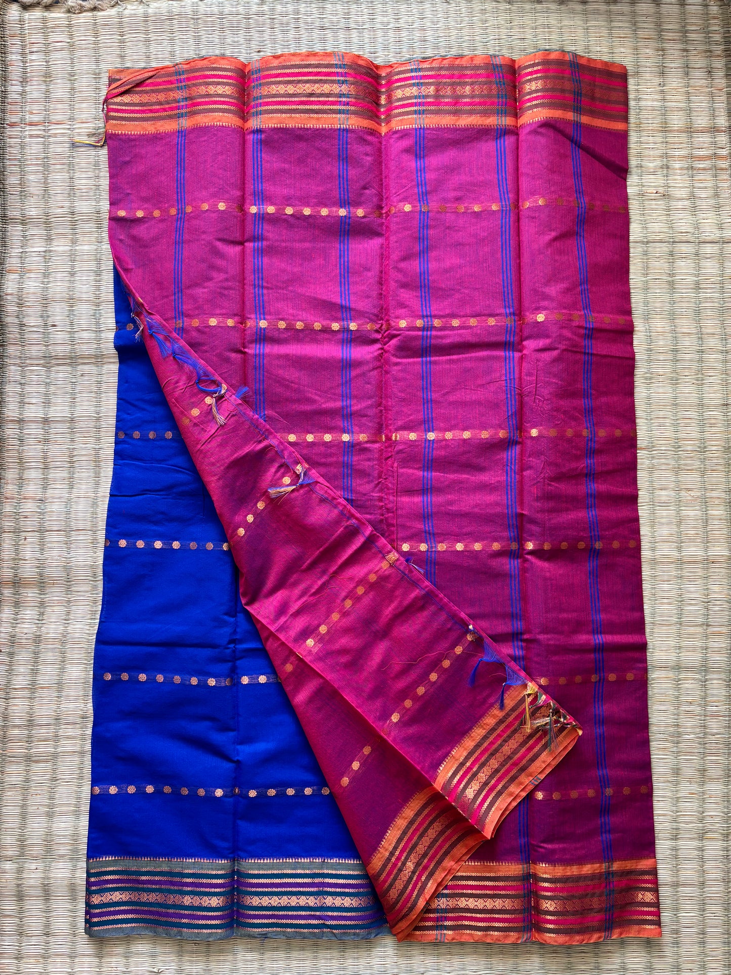 Vibrant cotton with straight buttas and ethnic border -blue