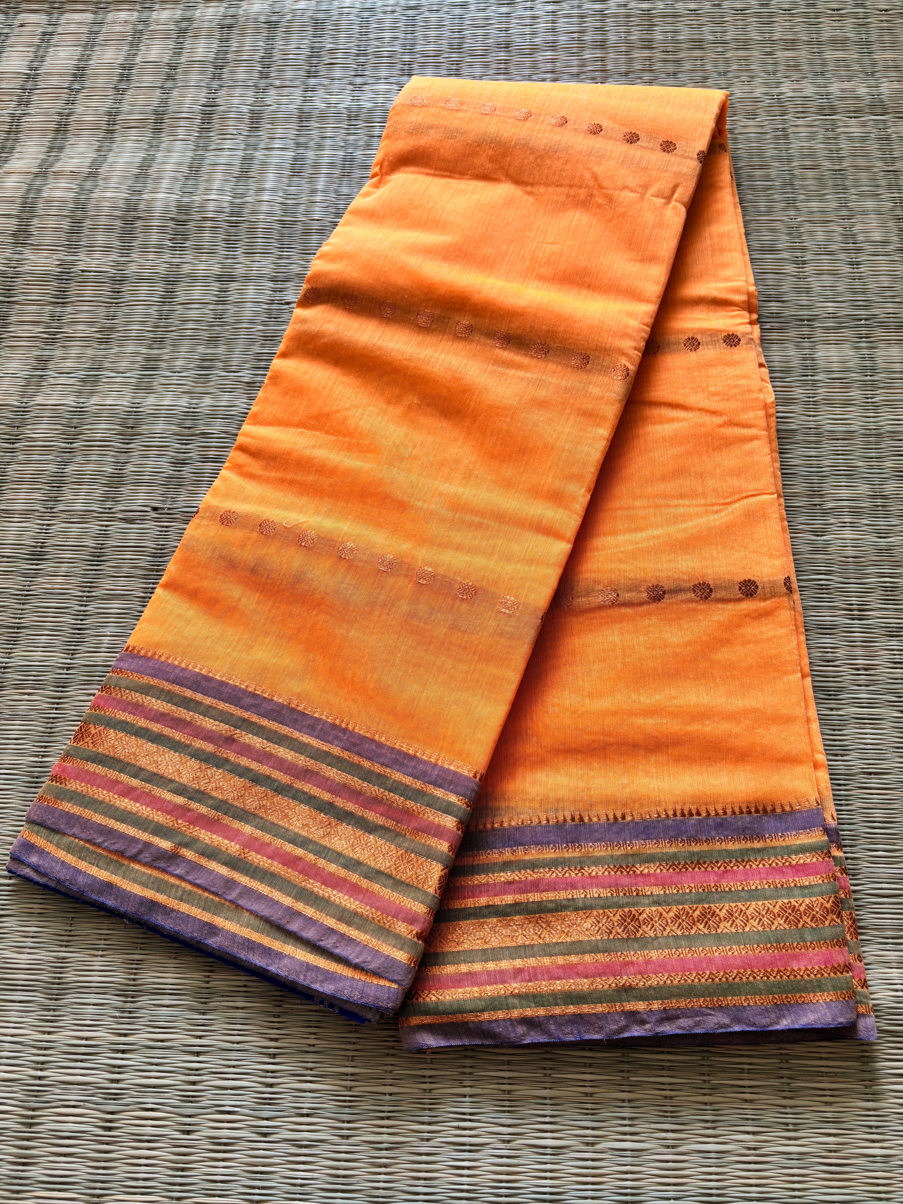 Vibrant cotton with straight buttas and ethnic border - orange