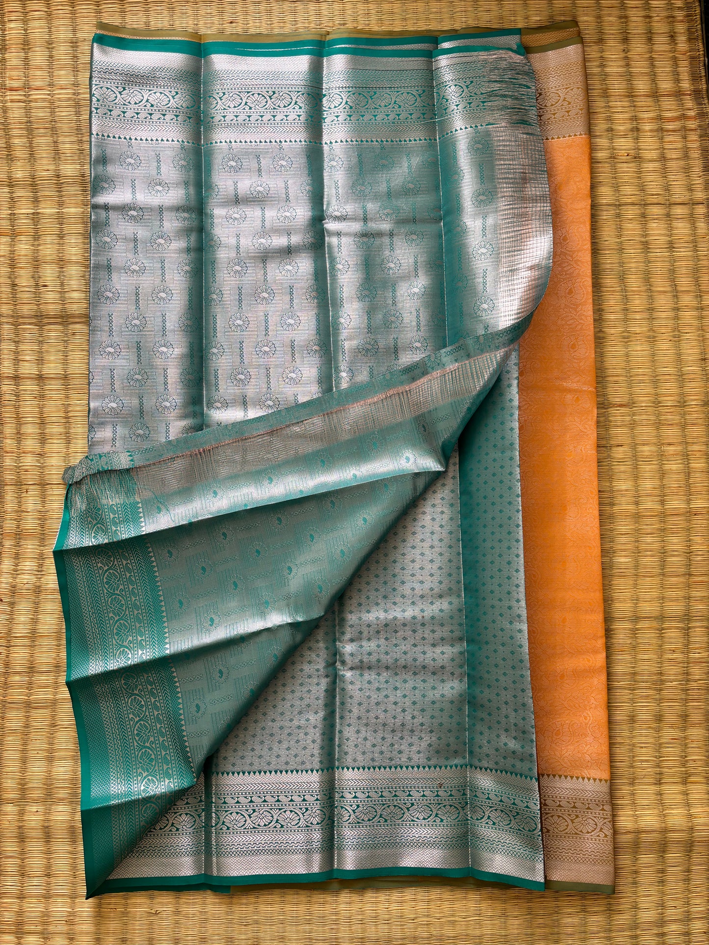 Tissue woven saree - orange and green