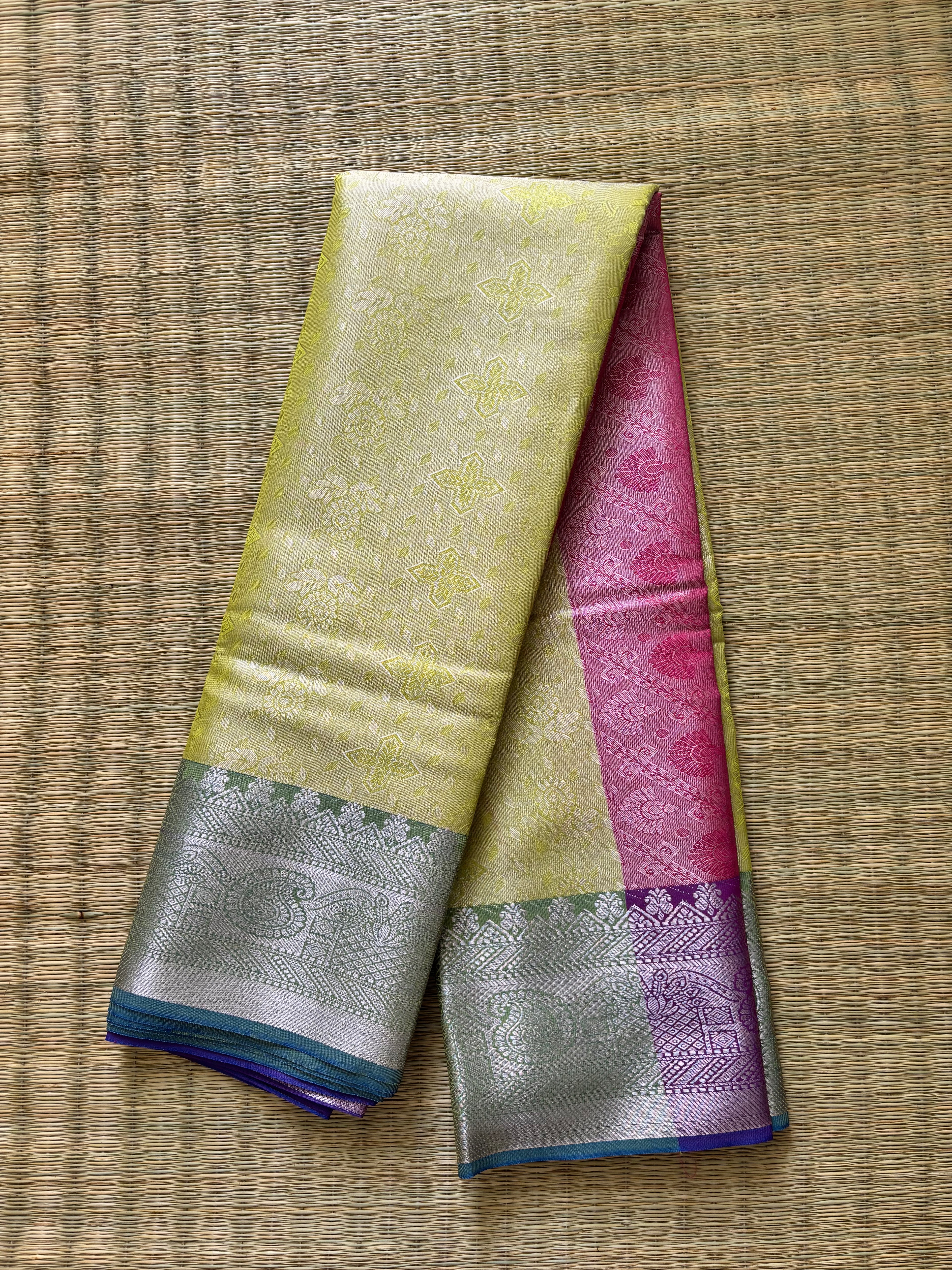 Tissue woven saree - yellow with pink blouse