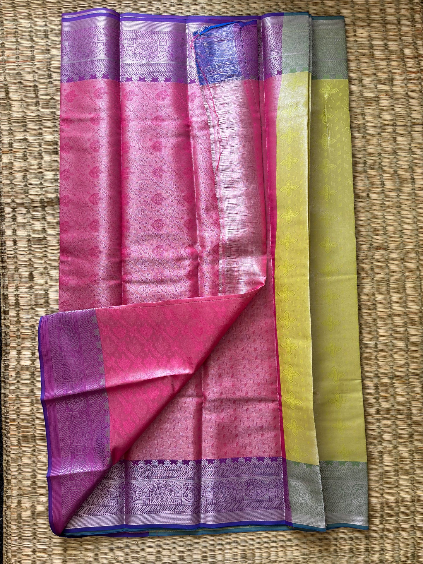 Tissue woven saree - yellow with pink blouse